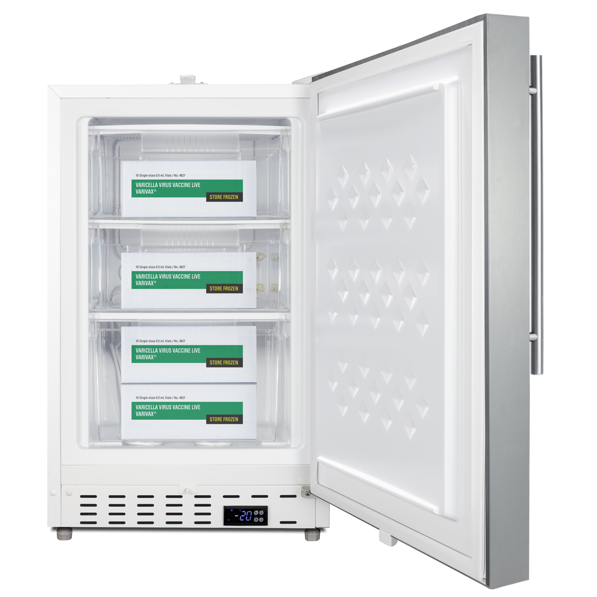 Built-in undercounter -25 C ADA compliant all-freezer with stainless steel front and handle, factory installed lock, digital controls, interior baskets, hospital cord with 'green dot' plug, access port, and manual defrost operation